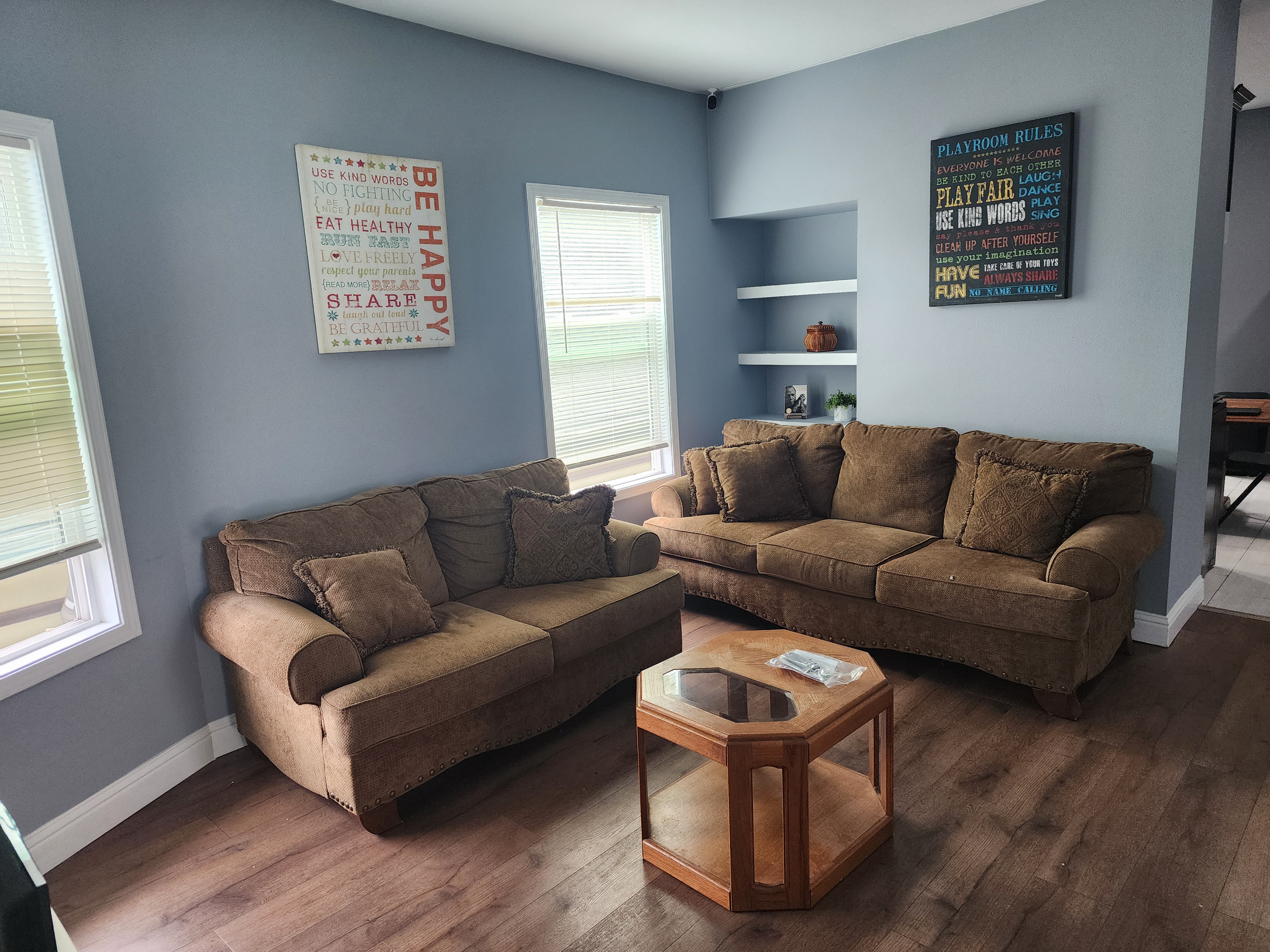 Comfortable shared living room with two sofas and natural light